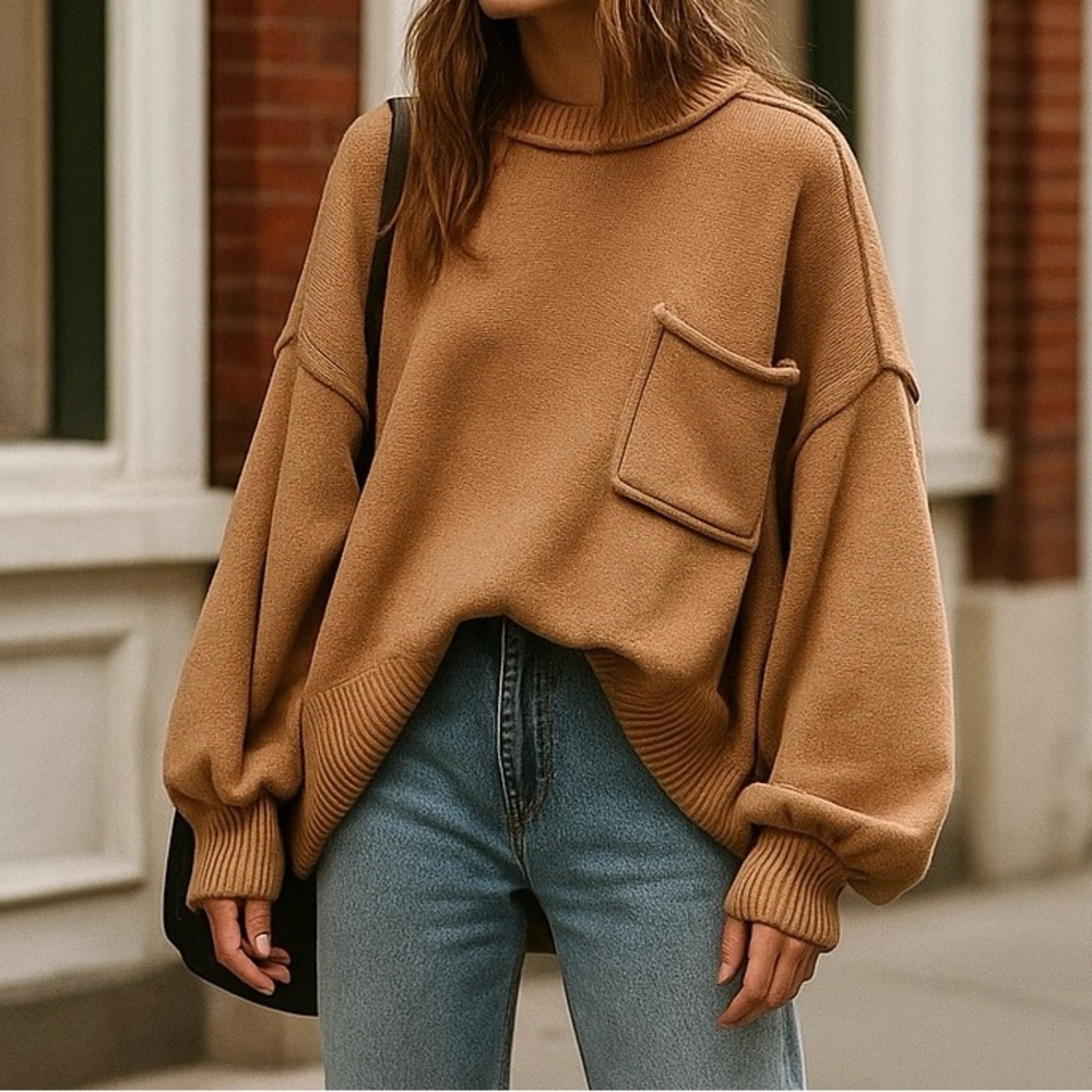 POL Women's Oversized Pocket Sweater in Camel